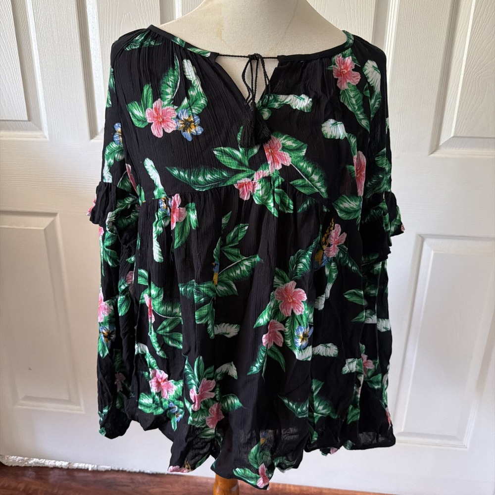Old Navy Babydoll Top XXL Black Tropical Floral Bird Print Tie Ruffle Peasant